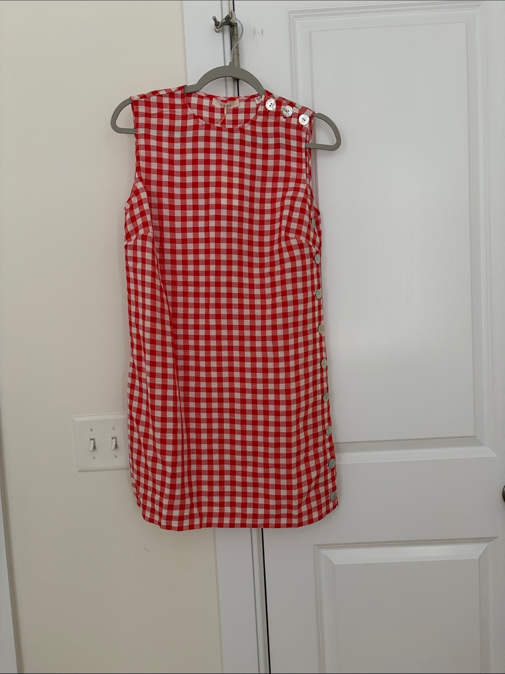 NWT Doen Red and White Gingham Button-Trim Shift Dress